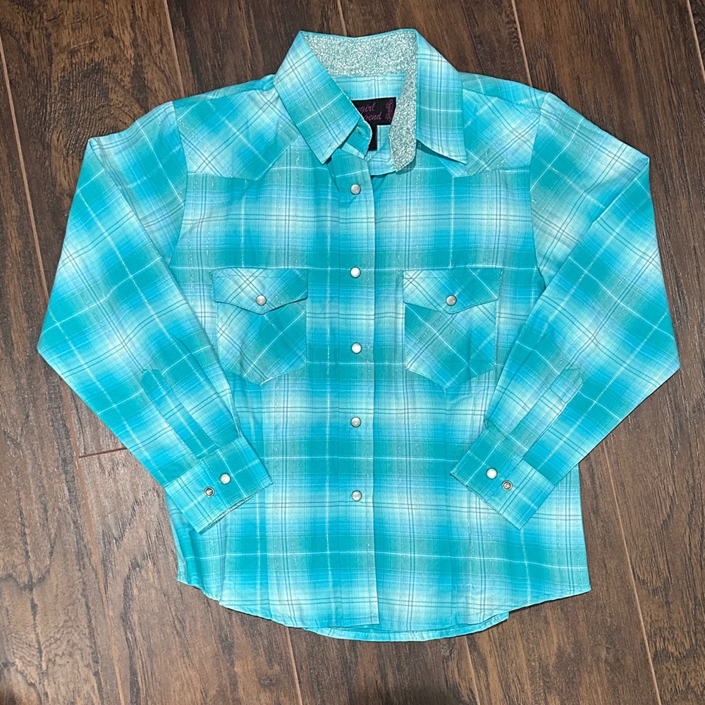Kids Turquoise Plaid Button Down Shirt